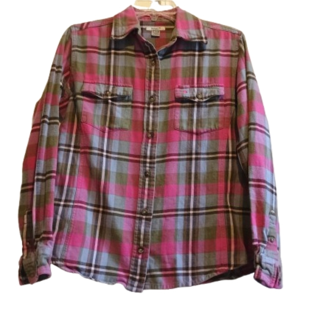 Carhartt Women’s Plaid Flannel Shirt Small Pink Green Double Pocket Outdoor Work - Picture 2 of 10